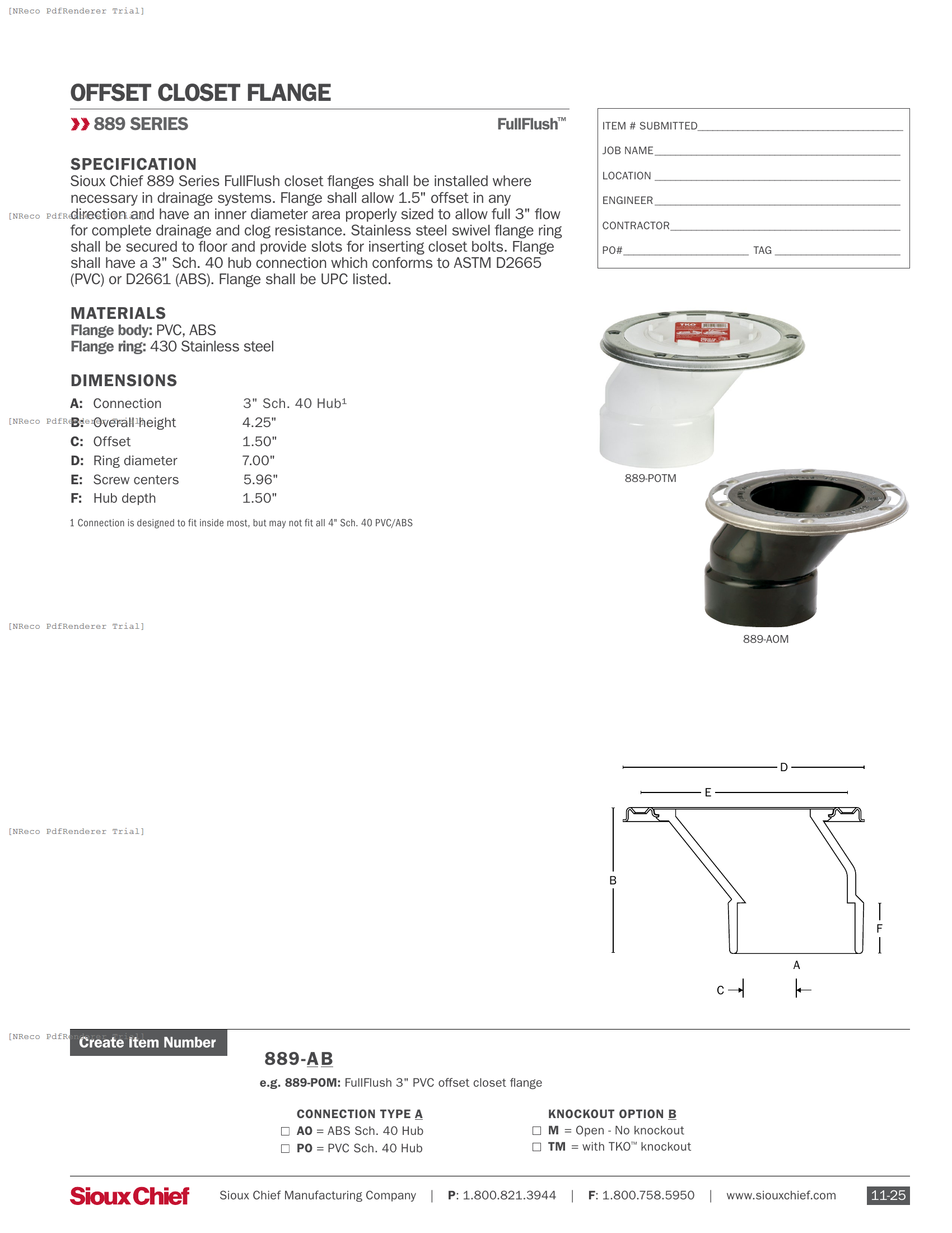 889 SERIES - OFFSET CLOSET FLANGE - SPEC SHEET.PDF Specification Document